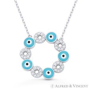 Evil Eye Enamel & CZ Crystal 20mm Pendant Turkish Nazar Sterling Silver Necklace